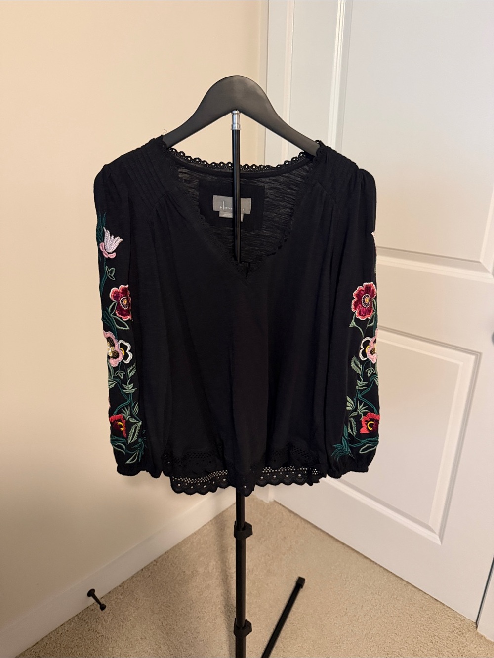 Anthropologie Black Boho Peasant Blouse with Floral Sleeve Embroidery